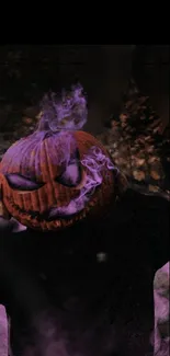 Halloween pumpkin head with purple smoke on dark background.