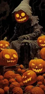 Spooky pumpkin-filled Halloween wallpaper with eerie jack-o'-lanterns in the dark.