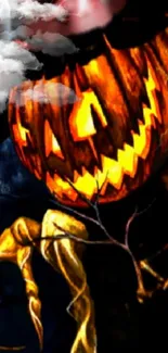 Spooky Halloween wallpaper with glowing pumpkin and twisted branches.