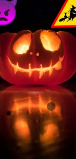 Glowing carved pumpkin with Halloween icons.