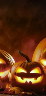 Halloween wallpaper with glowing jack-o'-lanterns on a dark background.