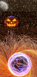 Halloween wallpaper with a glowing pumpkin, vibrant sparks, and mystical orb.