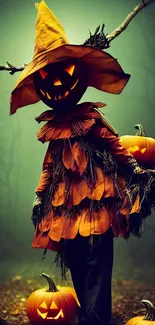 Spooky Halloween wallpaper with glowing pumpkin scarecrow.