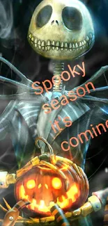 Skeleton holding glowing pumpkin with spooky text overlay.