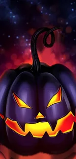 Glowing jack-o'-lantern with spooky face and dark fiery background.