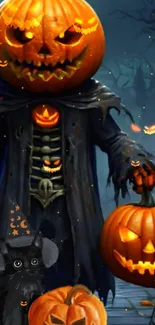 Pumpkin-headed figure in a dark, spooky Halloween forest.