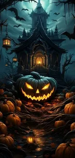 Sinister pumpkin and haunted house at night on Halloween.