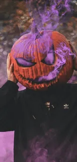 Halloween pumpkin head with purple smoke rising, creating a spooky look.