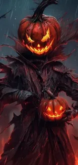 Pumpkin-headed figure with glowing eyes in a spooky, dark setting.