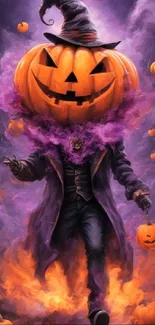 Halloween-themed pumpkin head with purple smoke.