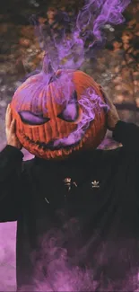 A spooky pumpkin head with purple smoke in a forest setting.