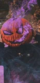 Spooky pumpkin head with purple smoke, Halloween theme.