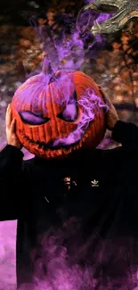 Eerie wallpaper with a pumpkin head and purple smoke.