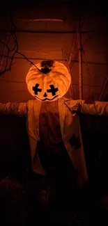 Eerie scarecrow with pumpkin head glows in dim orange light.