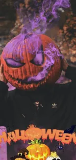 Spooky pumpkin head emitting purple smoke with Halloween design.