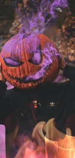 Spooky Halloween pumpkin head with purple smoke and fire.