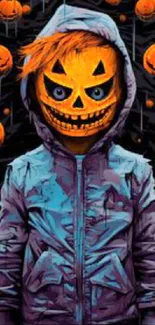 Spooky artwork of a hooded figure with a pumpkin face.