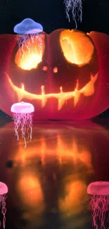 Spooky glowing pumpkin with jellyfish in Halloween-themed wallpaper.