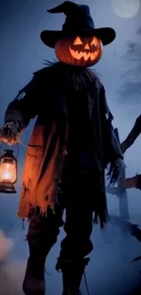 Pumpkin-headed figure holding a lantern in spooky scene.