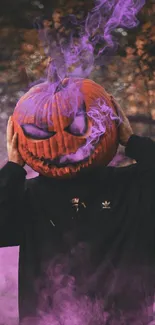 Eerie pumpkin head with purple mist in forest for Halloween.