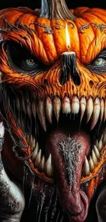 Spooky pumpkin monster with sharp teeth and a long tongue.
