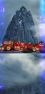 Spooky mountain with glowing pumpkins in a mystical Halloween scene.