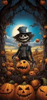 Whimsical skeleton scarecrow amidst pumpkins in a spooky, Halloween-themed scene.