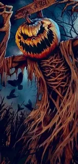 Spooky pumpkin scarecrow in a dark forest at night.