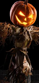 Eerie pumpkin scarecrow with a glowing face in the dark night.