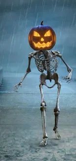 Spooky skeleton with pumpkin head on a rainy night bridge.