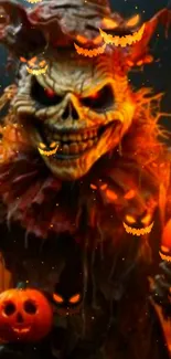 Skeleton holding pumpkins in Halloween scene.