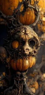 Chilling skull made of pumpkins in whimsical Halloween style.