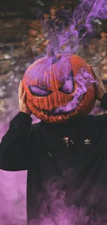 Purple smoke emanates from a pumpkin head in a dark, spooky setting.