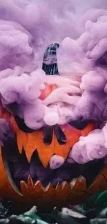 Spooky carved pumpkin with purple smoke swirling around it, perfect for Halloween.