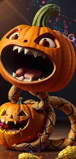 3D spooky pumpkin and snake on dark background.