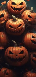 Halloween pumpkin stack with spooky faces.