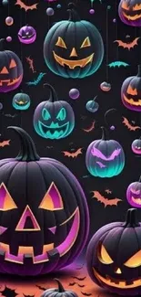 Halloween wallpaper with glowing pumpkins and bats on a dark background.