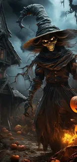 Creepy witch with pumpkins in a dark, eerie setting.