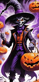 A spooky wizard holding pumpkins, surrounded by mystical purple smoke.