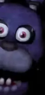 Close-up of a purple animatronic face with eerie red eyes, perfect for horror fans.