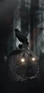 Raven perched on Halloween pumpkin in dark forest.