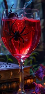 A spooky red drink with a spider in a glass setting.