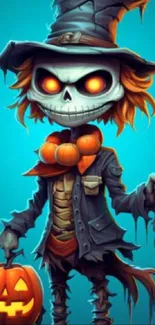 Spooky scarecrow with pumpkin and glow in Halloween theme.