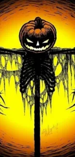 Halloween scarecrow with pumpkin head against a bright yellow background.