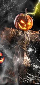 Spooky scarecrow with a pumpkin head amidst spiderwebs and lightning.