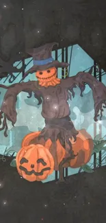 Halloween themed scarecrow with pumpkins wallpaper scene.