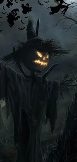 Spooky scarecrow with glowing face on a dark, haunted night background.