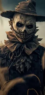 Eerie scarecrow in a dark cornfield setting.