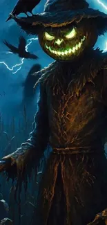 Spooky scarecrow in a moonlit field with glowing eyes and bats flying around.