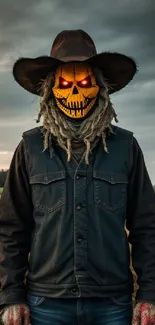 Scarecrow with glowing eyes in a field at dusk.